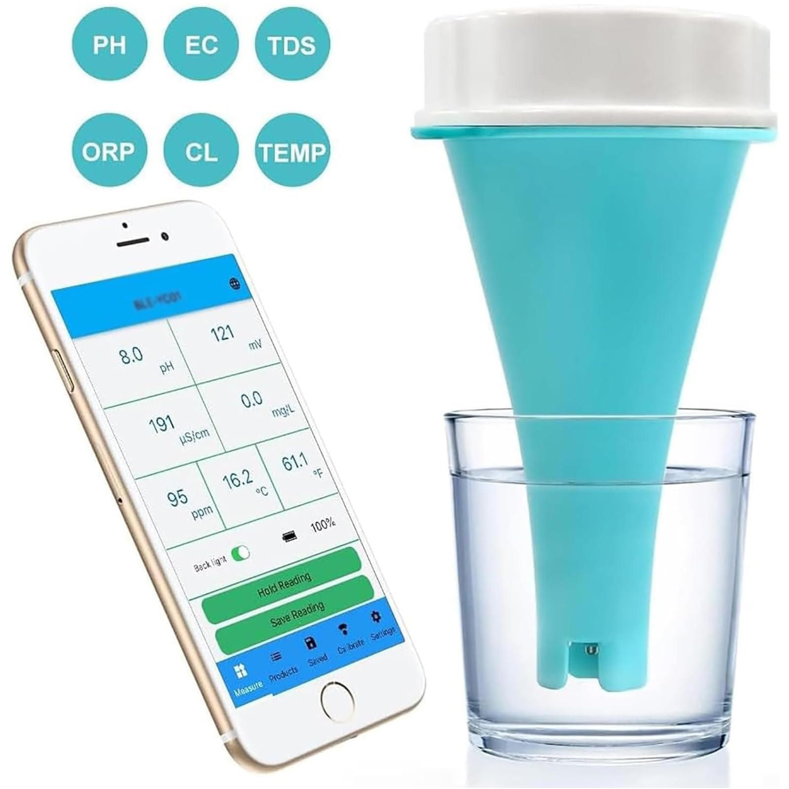 Medidor De Agua Para Piscinas Zayuzo Con Bluetooth, 6 En 1, Resistente Al Agua Ip67, Con Medidor De Ph, Cloro, Ec, Tds-orp Y Temperatura Para Piscinas, Jacuzzis Y Spas De Natación.