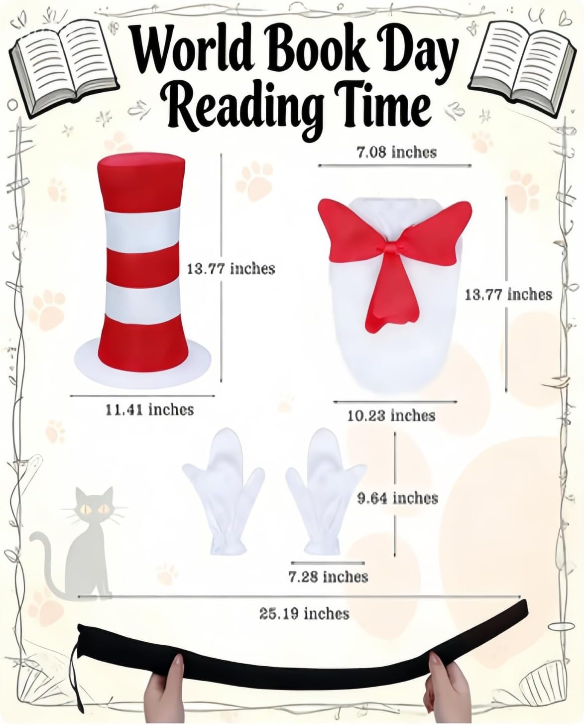 5 Pcs Cat Hat Costume Accessories Adult,Red White Striped Hats/Red Bow/Furry/Gloves/Tail,Book Day Dress Up - Image 2