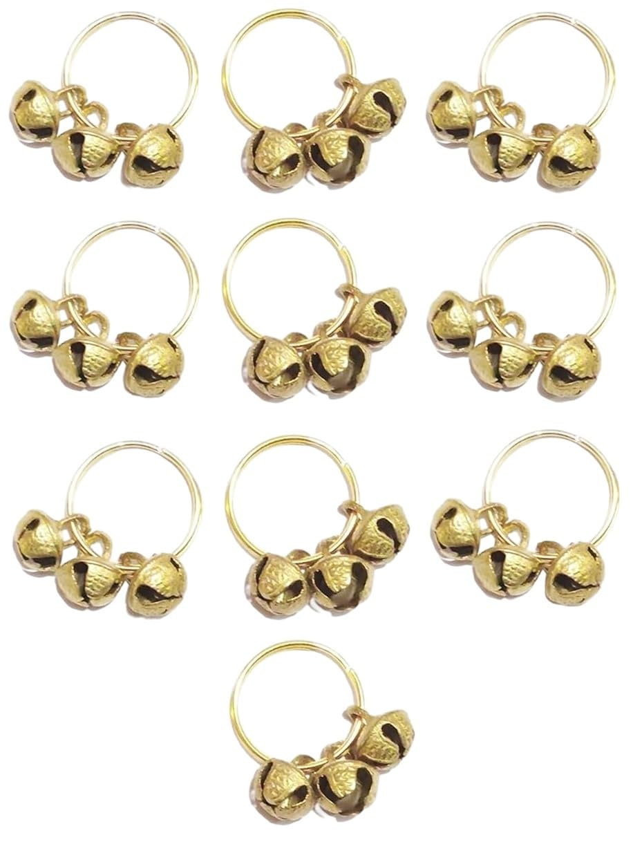 (1.6 cm Big Size) Finger Ring Clapping Ghungroo Golden Silver Kadi Anguthi Brass Small Bells (3 Ghungroo Per Ring) for Bhajan Lord Goddess God Ganesh Ganapati Pooja Aarti (6 Pieces)