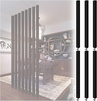 Wood Wall Divider for Room Separation Ceiling To Floor, 6 8 10-Pack Black Wooden Slats Screen Partition Post for Studio/Apartments/Teahouse/Stairway Entrance, with Adjustable Foot6-Pack,70cm/27.5in/2