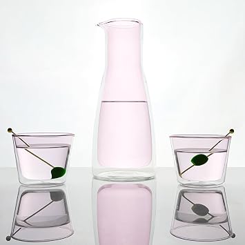 Cloudnola Double Wall Insulated Carafe and Glasses Set, Pink, 34oz Carafe and Two 9.5oz Glasses, For Both Hot and Cold Beverages, Mouthblown Borosilicate Glass Gift Set