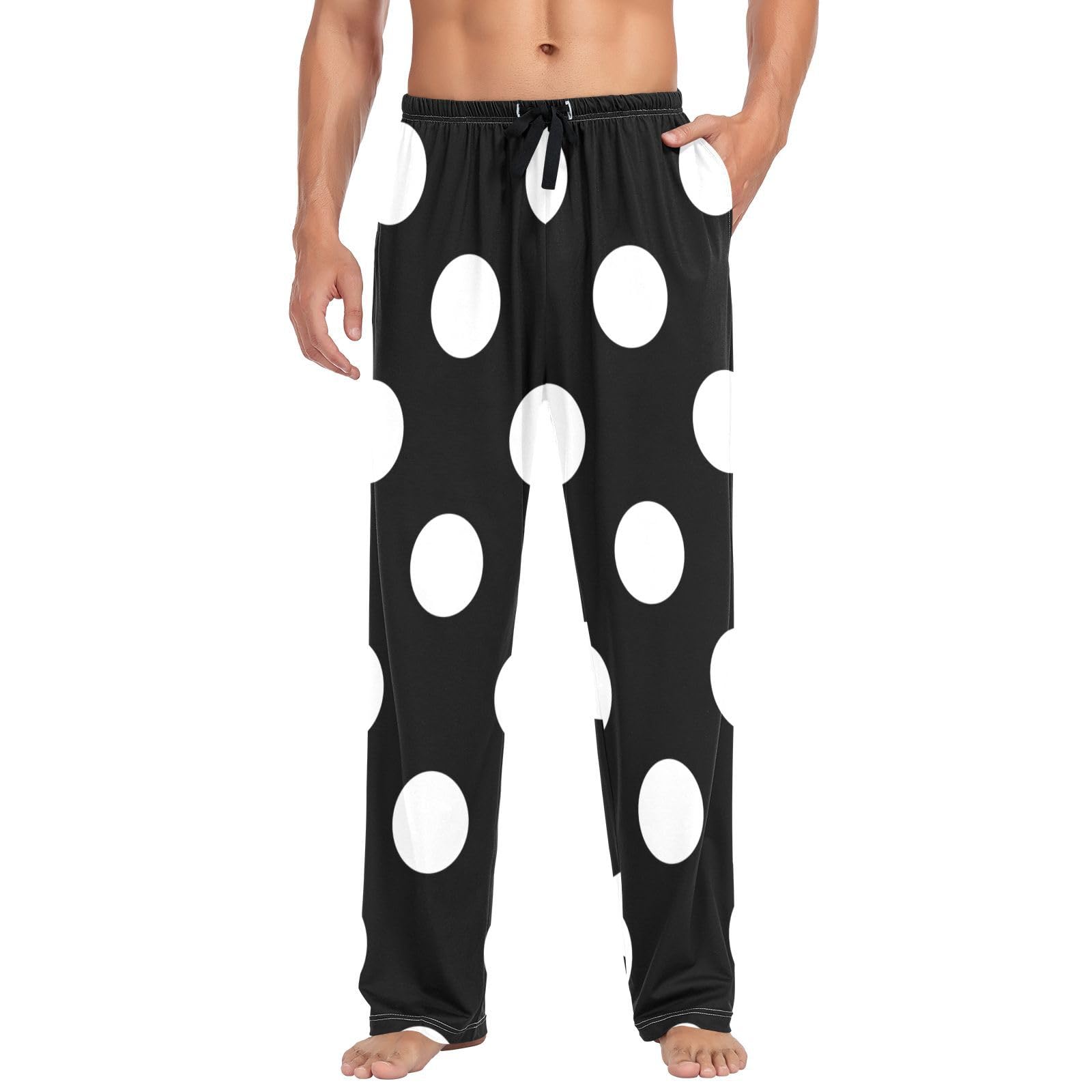 Linomo Mens Pyjama Bottoms White Polka Dot Black Pyjamas Loungewear 100% Cotton Pyjama Trouser Nightwear PJs Pants for Men Boys
