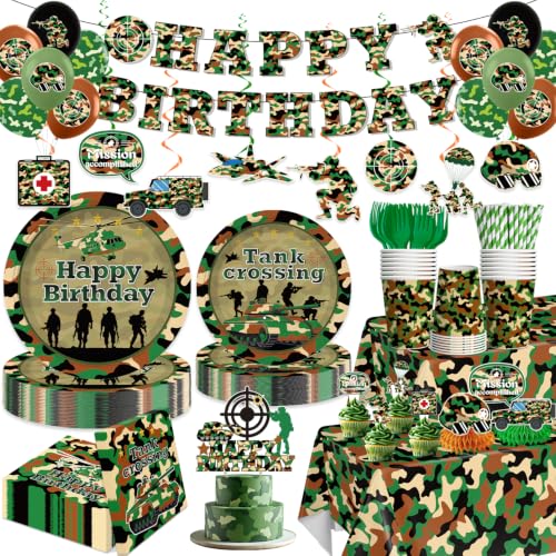 198pcs Army Birthday Party Decorations Include Camo Plates and Napkins Set Banner Hanging Tablecloth Balloon Cupcake Topper for Camouflage Hunting Military Theme Birthday Party Serve 25