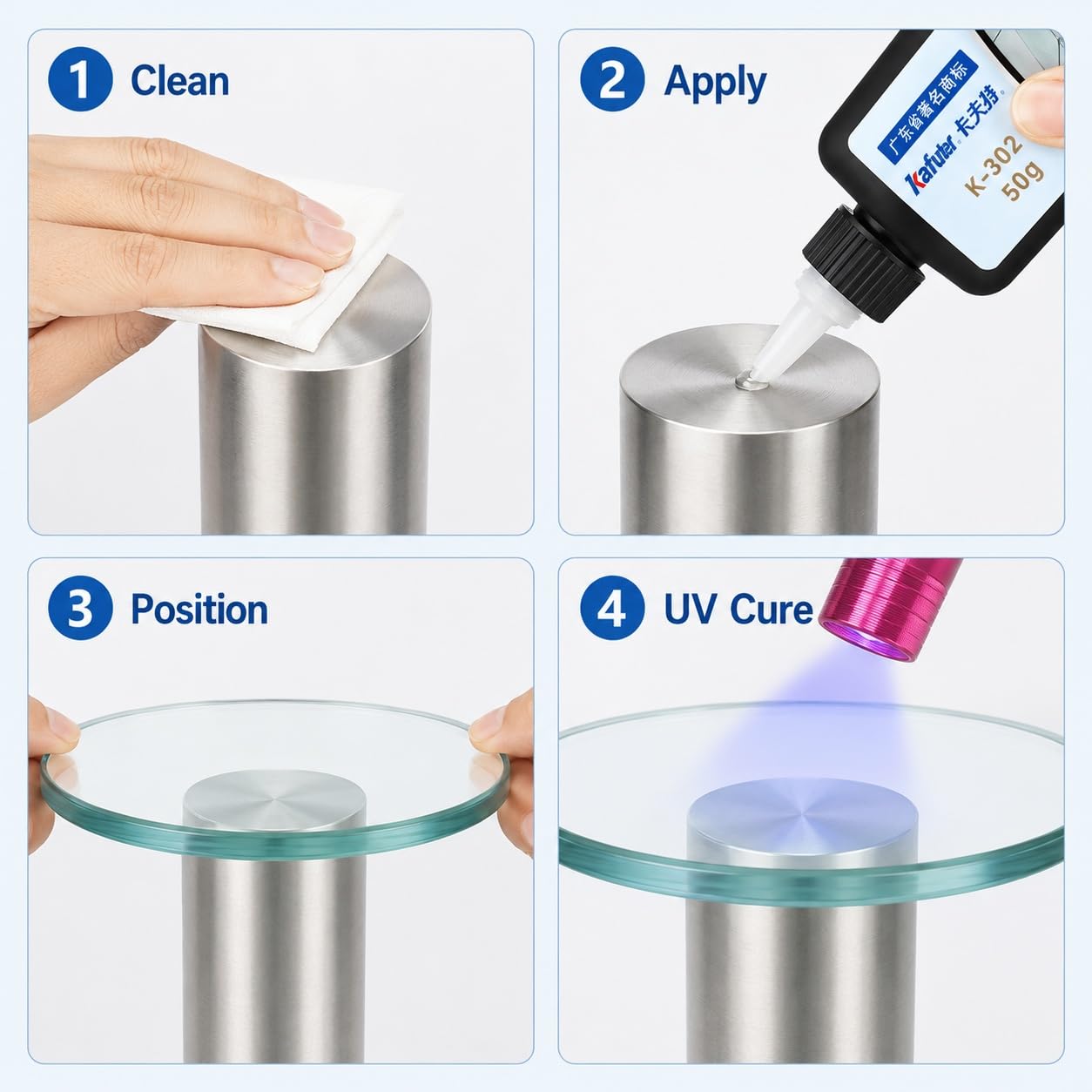 VIDOO Kafuter K-302 Fijador Estructural Materiales Cruzados, Adhesivo Ultravioleta 50 g y 250 g para Chapa Metálica y Vidrio, Polímero Fijación Aleación Alta Estabilidad, 250g