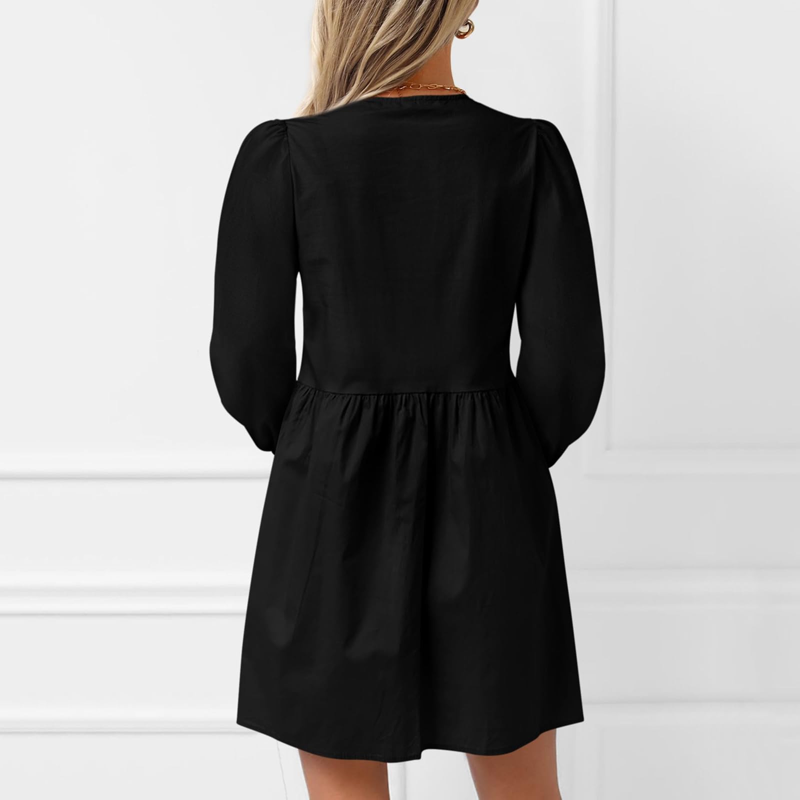 Robe Mini péplum à Manches Longues Bouffantes et nœud Papillon sur Le Devant pour Femme, Robes d'automne,Robe Courte à Volants en Ligne A, Robe Tunique Fluide Mignonne (Black,L)
