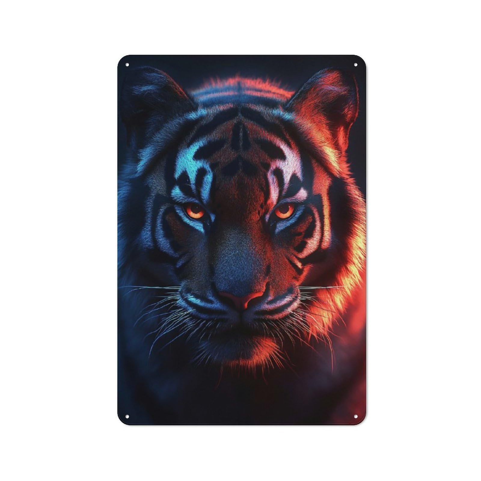 Junmoney Style-18 Tiger Portrait With Neon Lighting Rustic Printed Metal Sign 30X20cm For Garage Or Workshop, For Garage, Workshop And Man Cave Decoration