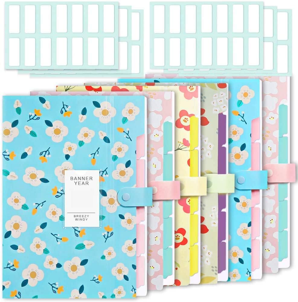 Selizo 6 Pcs File Organizer Expanding with 5 Pockets, Plastic A4 Size Office File Folders Organizer and 168 Pcs Labels for School Teacher Office Documents