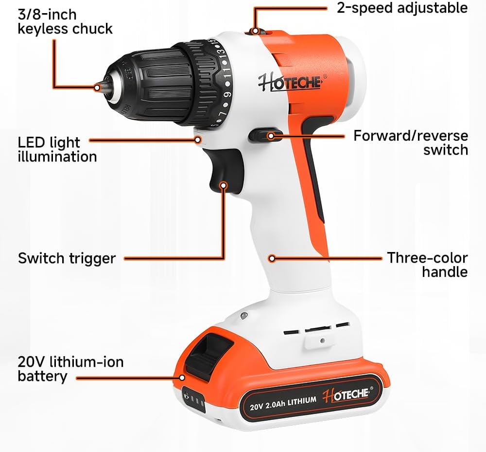 Hoteche 20V Cordless Brushless Drill Set - 2 x 2.0Ah Batteries, 60-Min Fast Charge, 19+1 Torque, LED Light, Storage Case