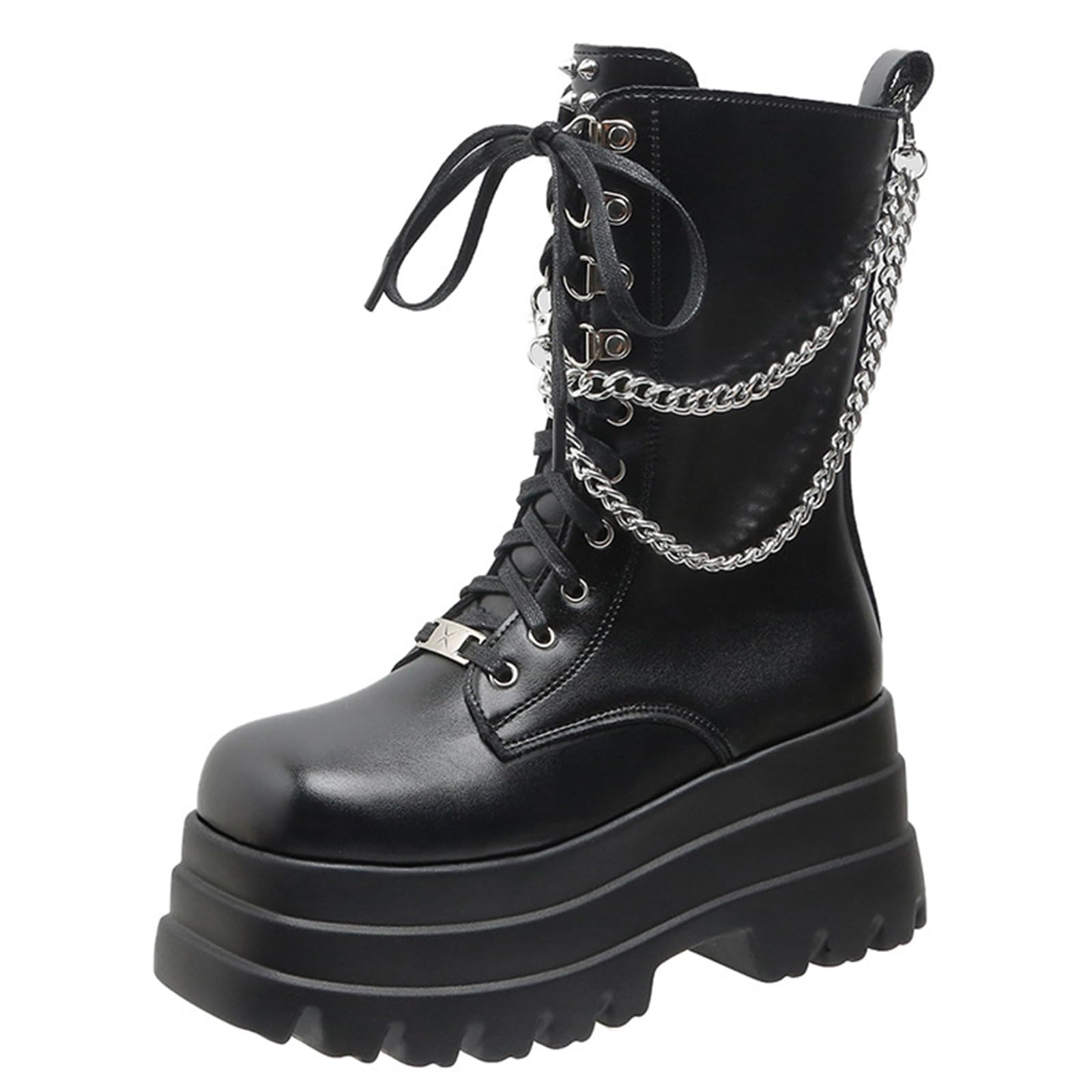 Womens Goth Platform Combat Boots Fashion Studded DIY Chain Punk Mid-Calf Boots Side Zip Lace-Up Round Toe Lug-Sole