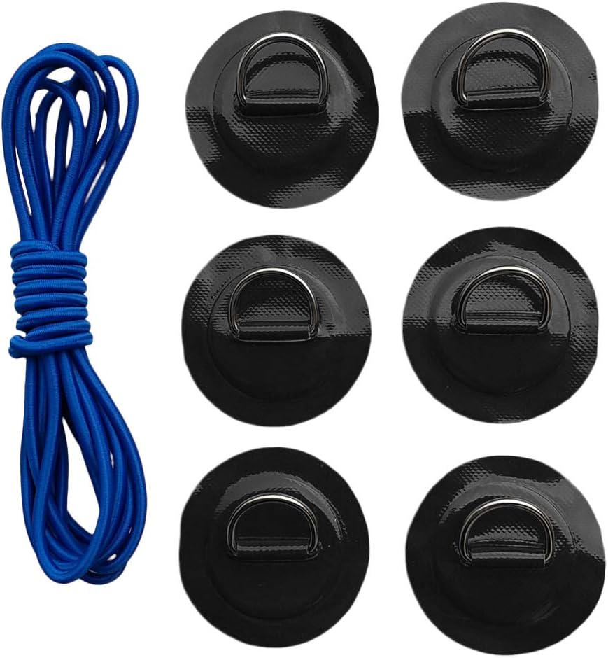 SM SunniMix Stand up Paddleboard SUP Bungee Deck Rigging Kit - 6Pcs D Ring Patch & Blue Elastic Shock Cord, Inflatable Boat Deck Attachment Kit Kayak Accessories