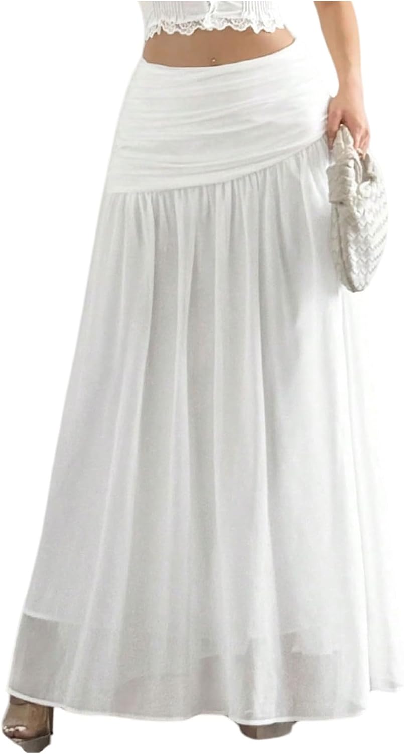SHENHE Women's Chiffon Flowy Maxi Skirt Ruched Low Rise A Line Fall Long Fairy Skirt
