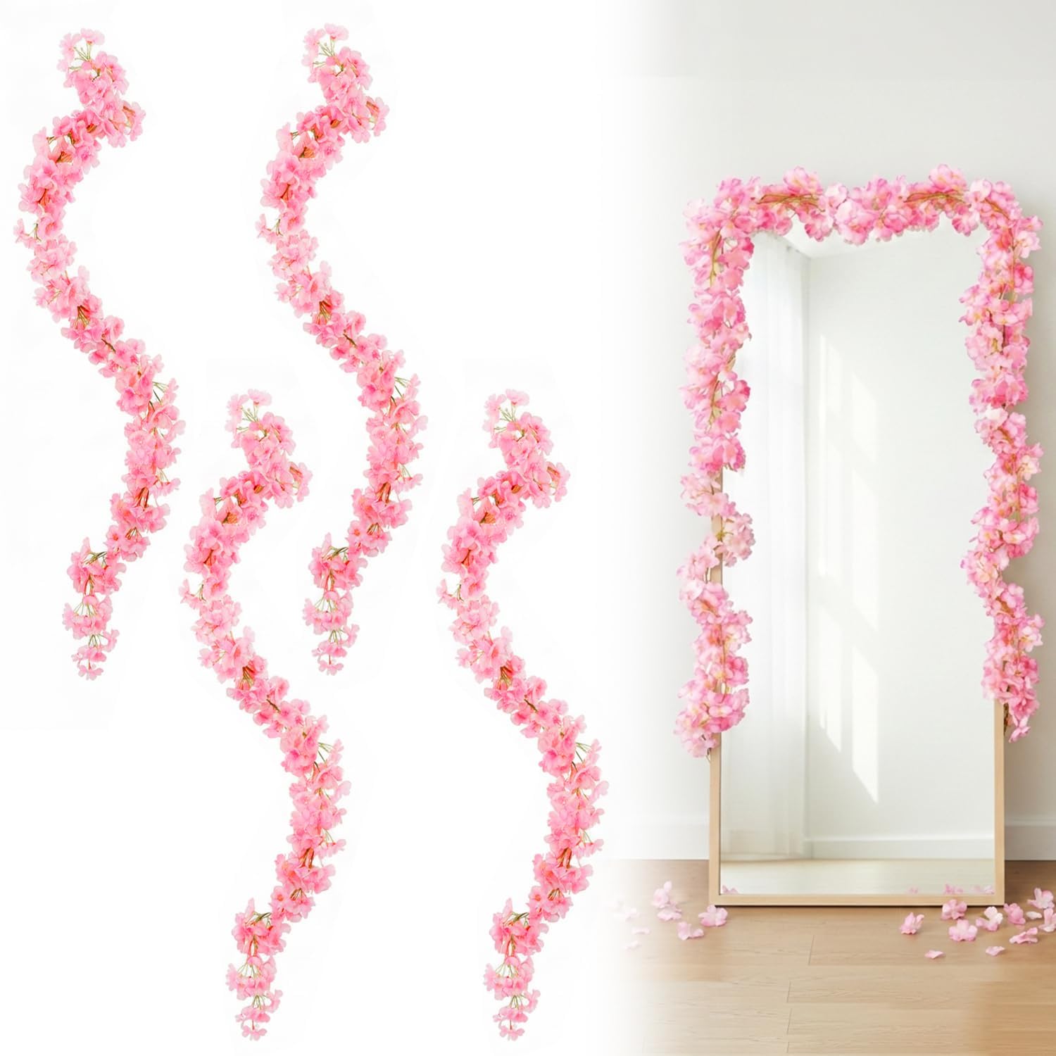 HIVTE 4 Pcs Artificial Cherry Blossom Garland, 1.8m Rose Pink Fake Flower Vine with 135 Blooms, Waterproof Decor for Staircase Party