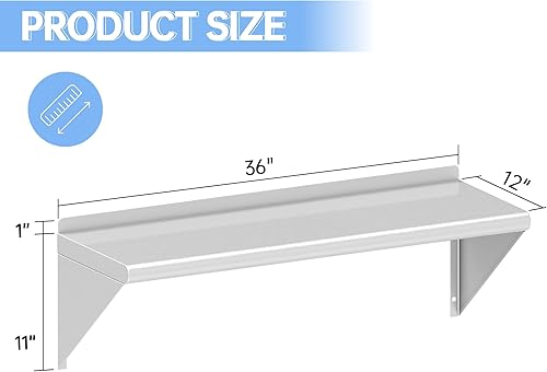 Miniatura 3 de JOPHUN Estante de montaje en pared de acero inoxidable de 12 x 24 pulgadas, estantería flotante comercial NSF para restaurante, cocina, cocina en