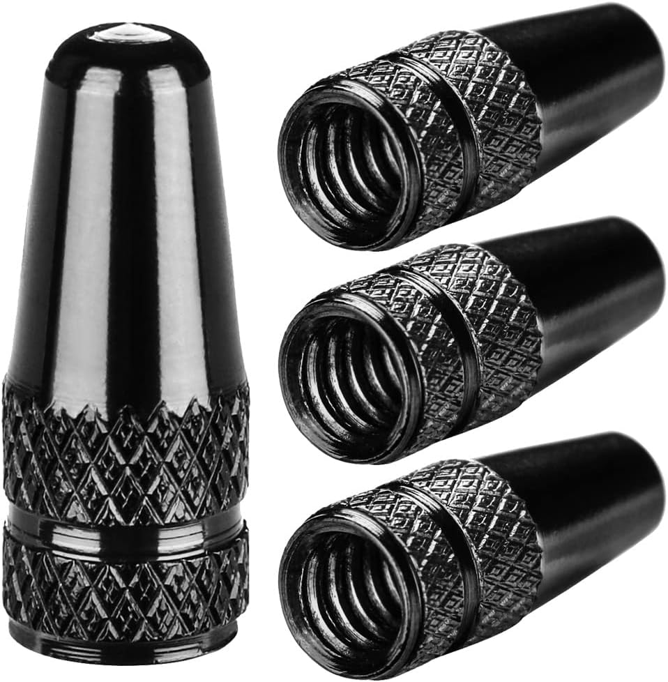 Aluminum Presta Valve Stem Caps – Black Tire Air Dust Covers for Bike (4 Pack) – Fit French Valves on Road, MTB, Hybrid, Racing, Fitness, Folding & Fat Bikes