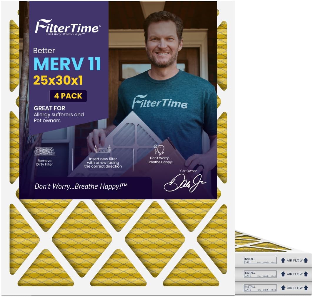 FilterTime 25x30x1 AC Furnace Air Filter, MERV 11, 4-Pack (exact dimensions 24.5 x 29.5 x 0.75), HVAC Air Filter Made in USA