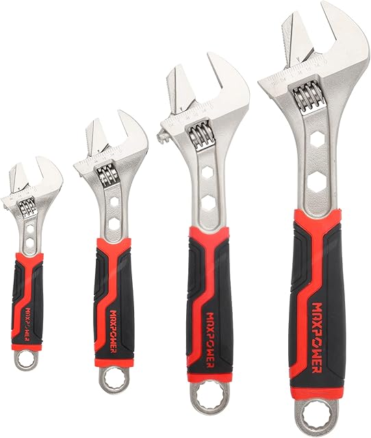 MAXPOWER Adjustable Spanner Set, 4PCs Adjustable Wrench Set Multifunctional Pipe Wrench with Reversible Wide Opening Jaw (6"/150mm, 8"/200mm, 10"/250mm and 12"/300mm)