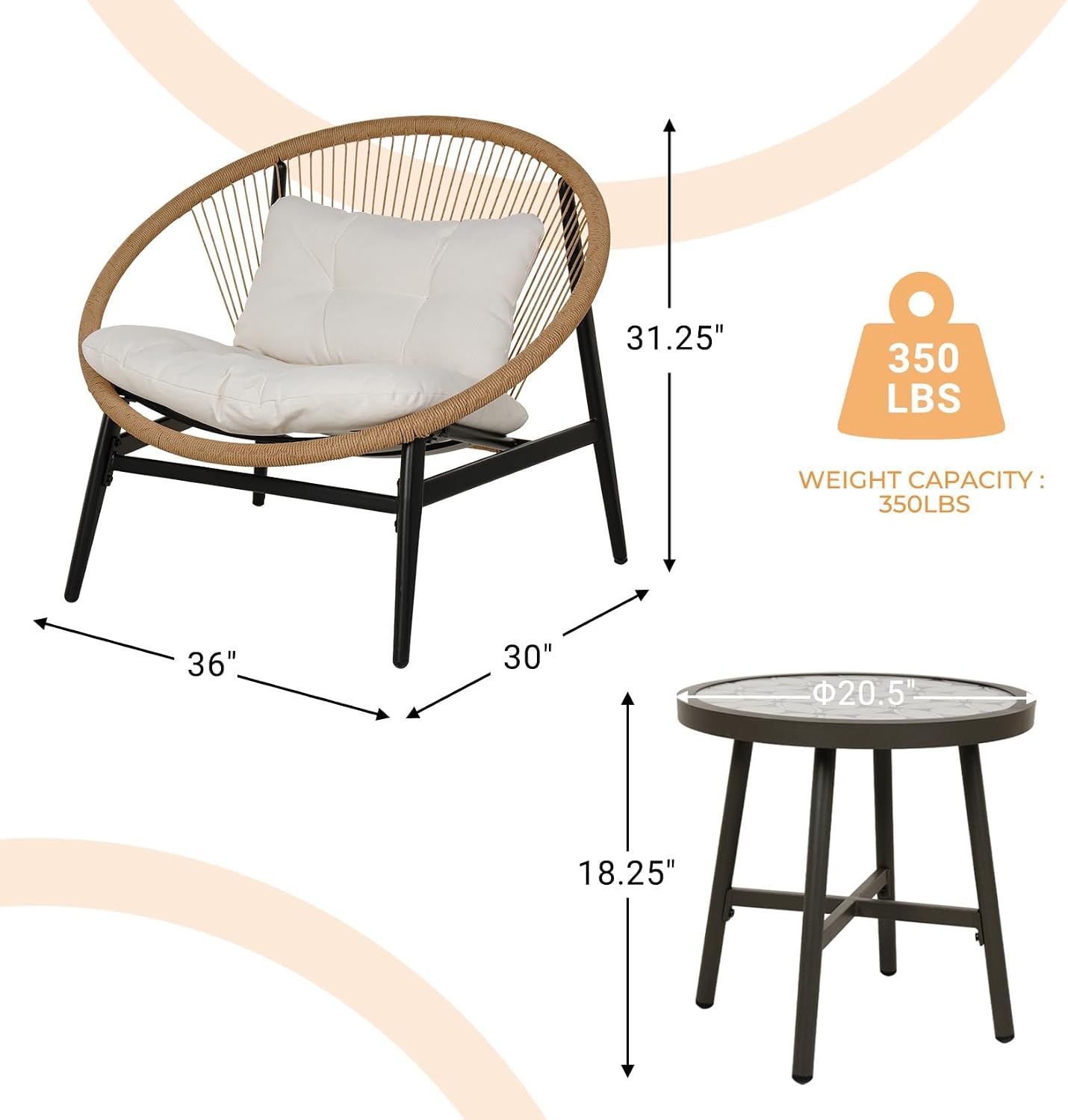 Grand patio 3-Piece Outdoor Furniture Set, Wicker Oversized Patio Chairs with Side Table & Thick 4.75" Cushions for Backyard, Garden, Deck