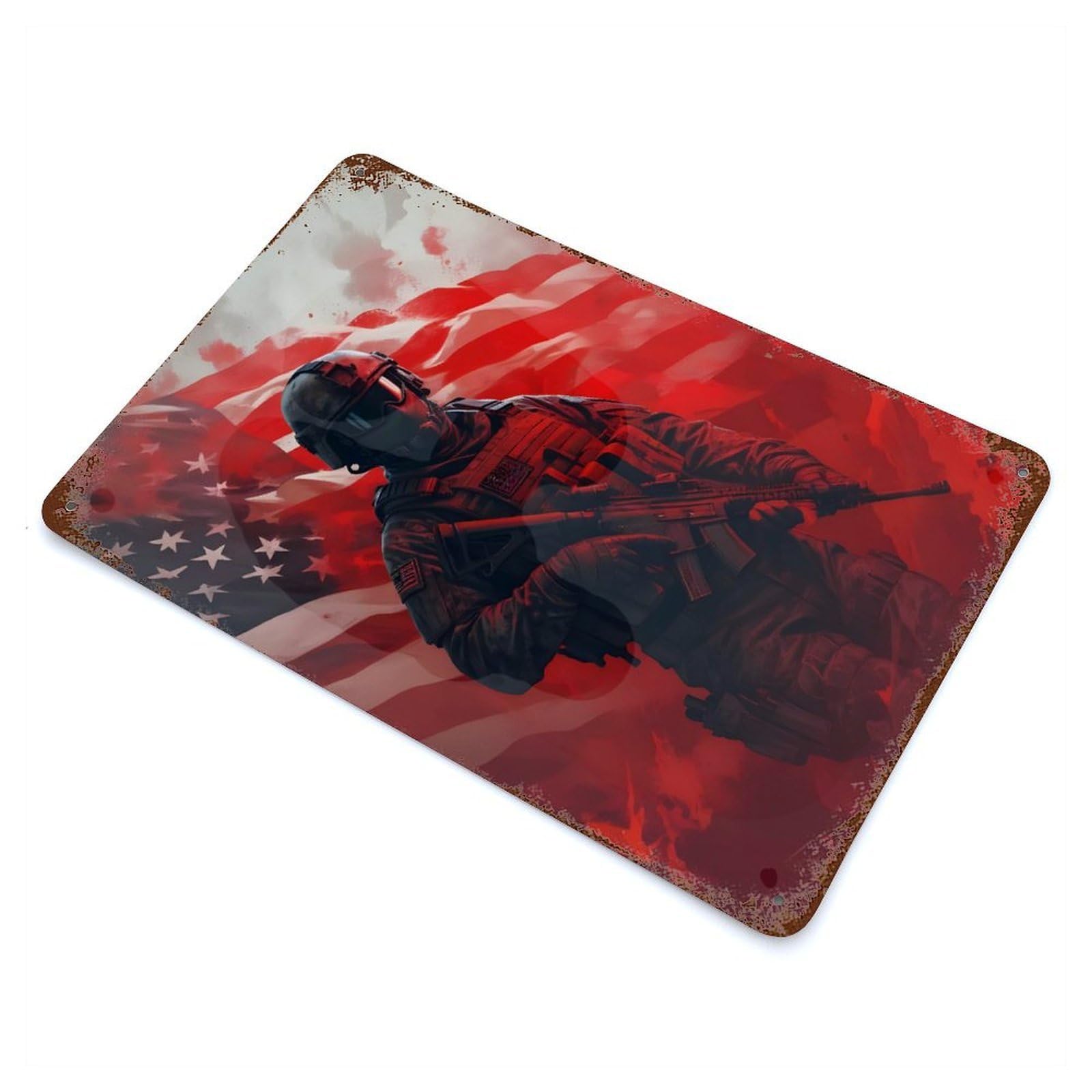 Aged Metal Wall Plaque with American Soldier Design 11.8"x7.9", for Basement, Hobby Room And Garage Decor, Farmhouse Wall Decor