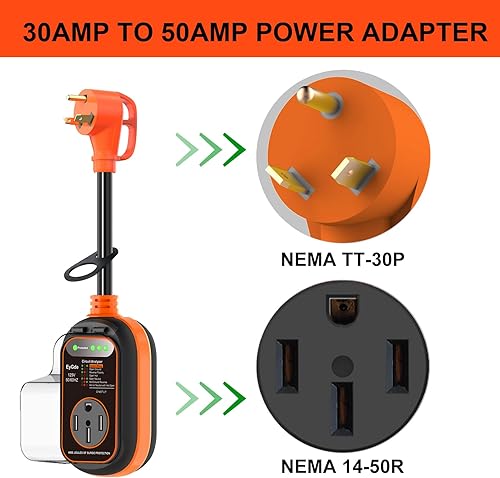 Miniatura 2 de EyGde Adaptador RV de 30 amperios a 50 amperios con protector de sobretensiones impermeable, patentado TT-30P macho a 14-50R hembra, analizador de