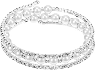 Pearl Bracelets for Women, 2 Pcs Faux Pearl Silver Cuff Bracelet Adjustable Multi Layered Rhinestone Wrap Bracelet for Brides Bridesmaid Wedding Jewelry