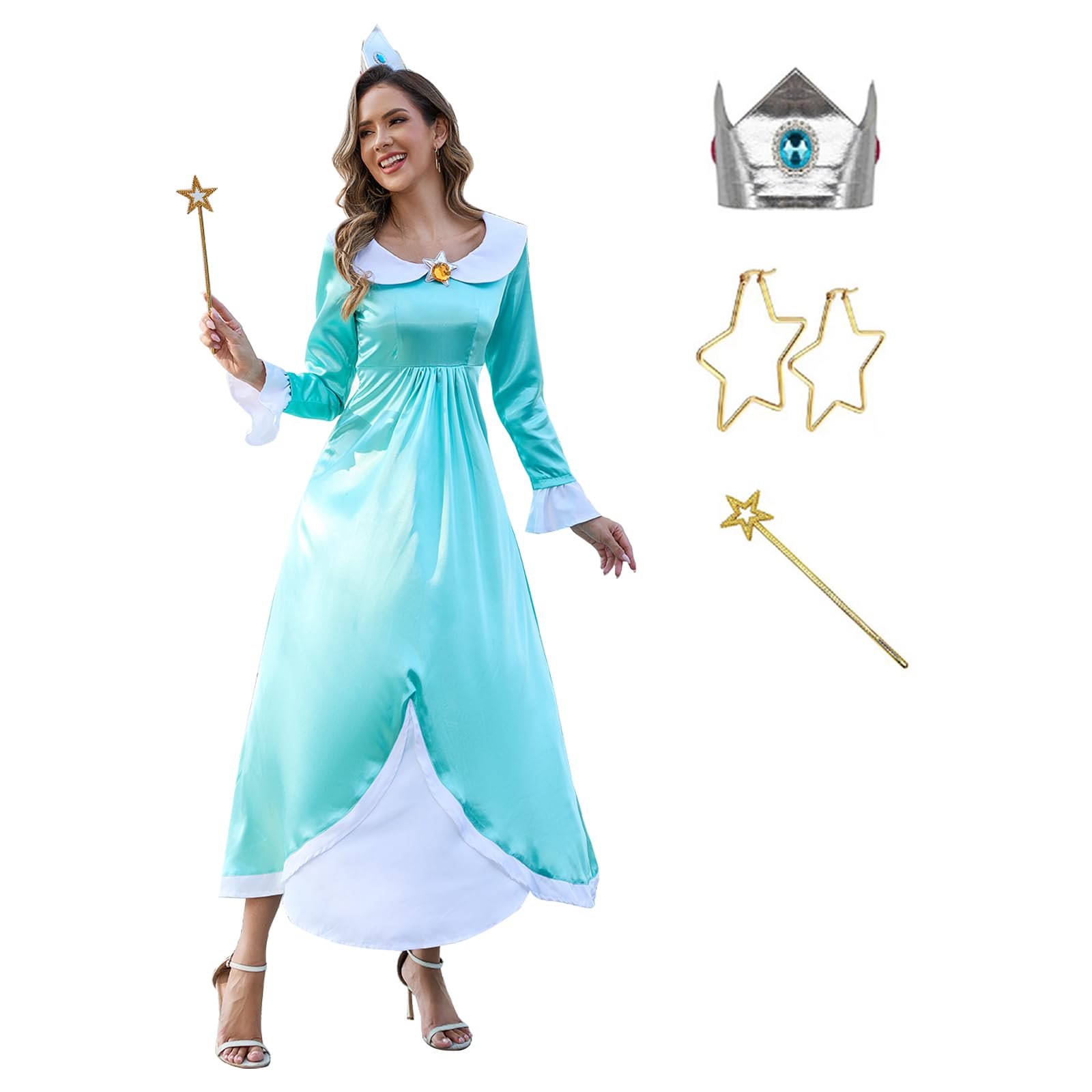 Princess Dresses for Women Princess Cosplay Halloween Full Set with Crown Earrings Gloves (US Size)