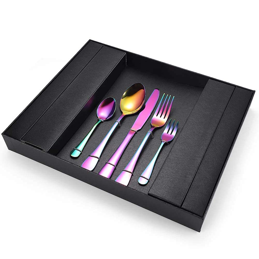HADECOLL Cutlery Flatware Set Of 5 Stainless Steel Healthy Include Knife Fork Spoon Dinnerware,Colorful-25Pcs