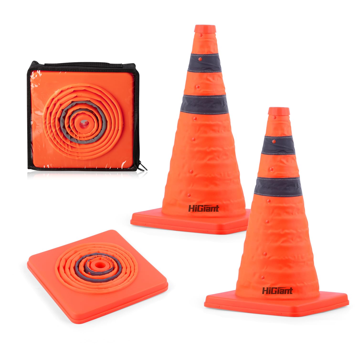 Paquete de 2 conos plegables de seguridad de tráfico de 18 pulgadas, conos naranjas, conos emergentes de uso amplio con cuello reflectante, para práctica de conducción y estacionamiento.