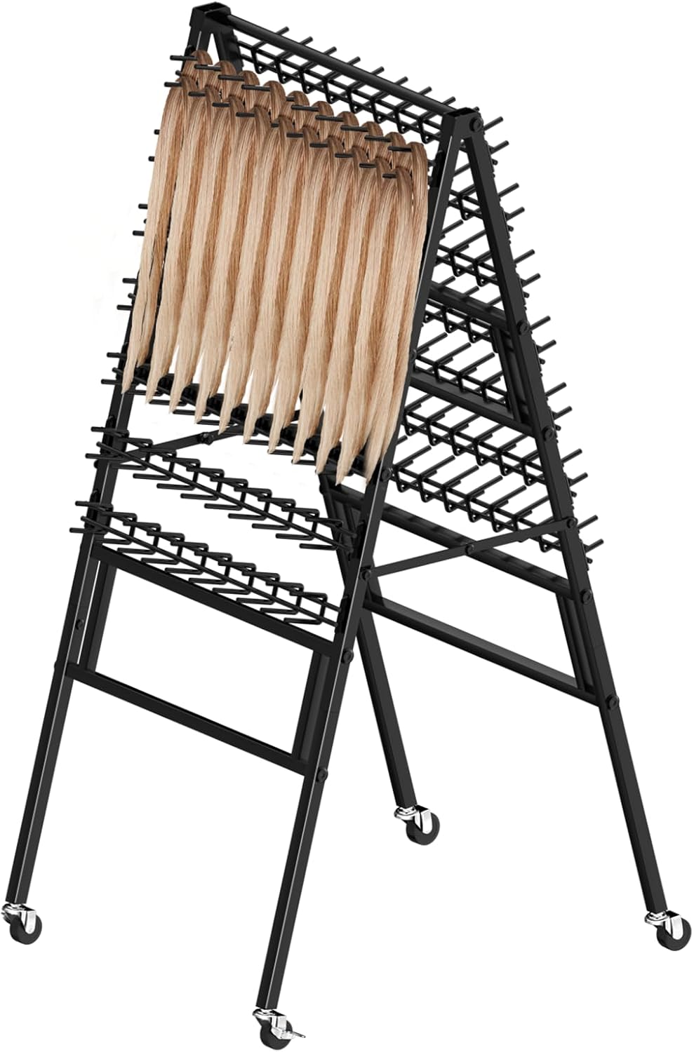 Braiding Hair Rack -Metal Adjustable Hair Extension Holder for Styling 280 Pegs, 2-Sided Braid Stand for Hair Separator for Braiding With Wheels/ Black