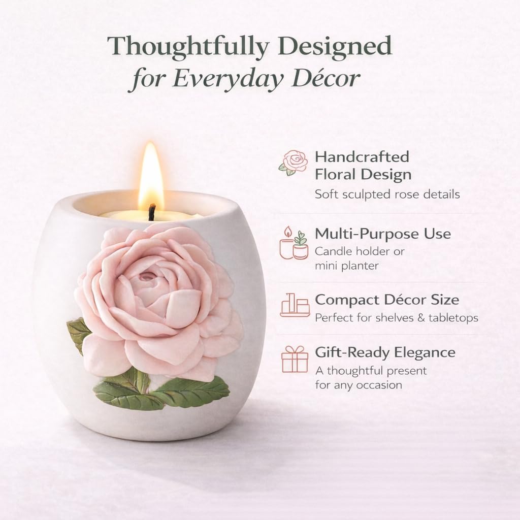 Pink Rose Votive Tea Light Candle Holder & Mini Planter Pot – 4" Wx3.5 H – Decorative Floral Candle Holder – Toothbrush, Pen, Pencil and Makeup Brush Holder – Home Table Décor Gift by SassyXpressions