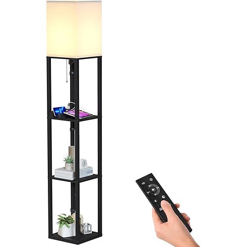 SUNMORY Shelf Lamp with Remote Control, Stepless Color Temperature & Dimmable, Floor Lamp with Shelves with 2 Usb Charging Ports and 2-Hole Socket, Solid Wood Tall Lamps for Living Room, Bedroom，Black