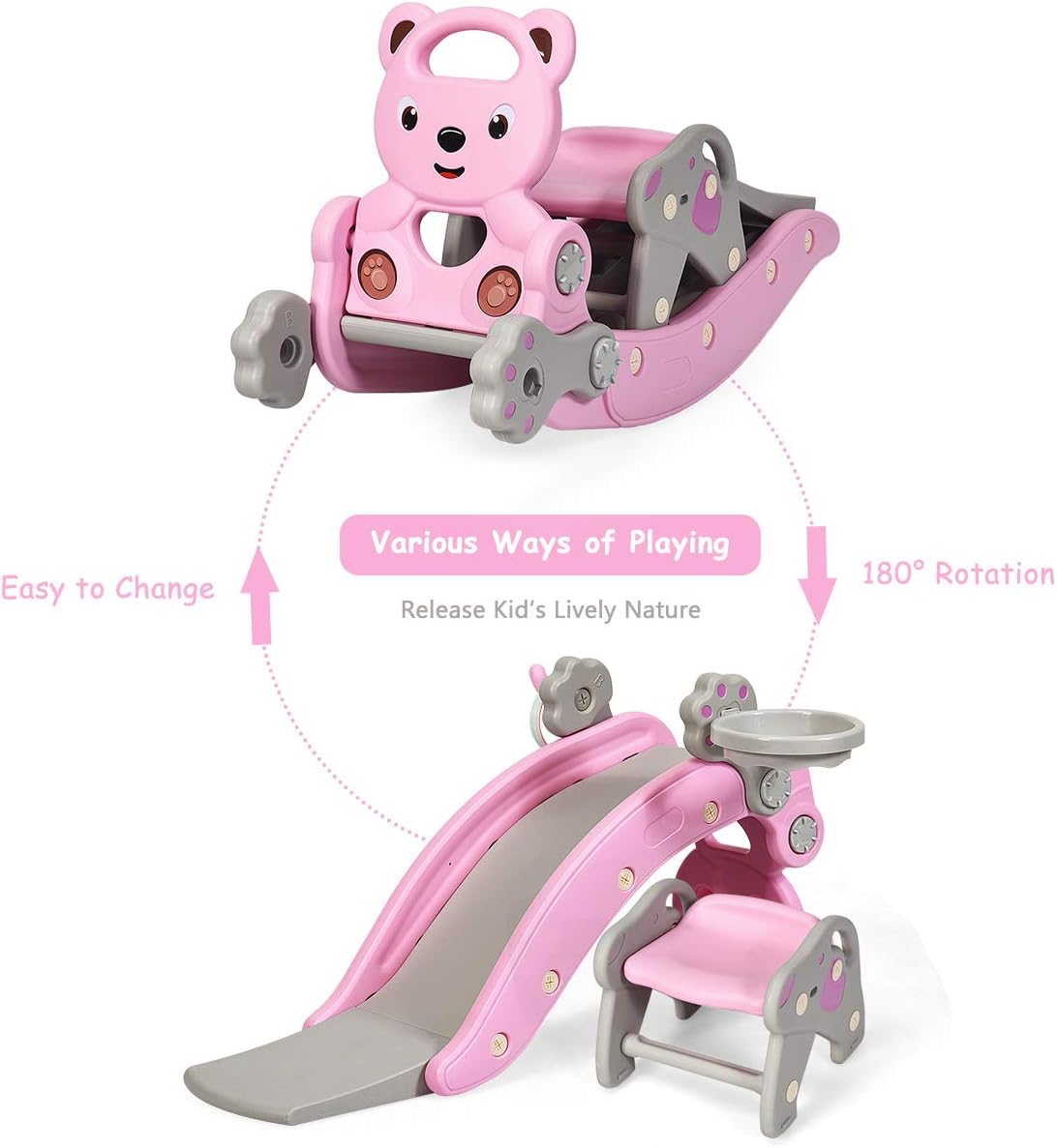 Costzon 5 in 1 Toddler Slide Rocking Toy, Slide for Kids with Detachable Stool, Basketball Hoop and Ring Game, Foldable Climber Playground Slide for Both Indoors Outdoor Use (Pink Bear)