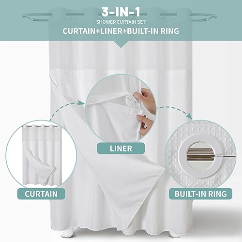 Miniatura 3 de Cortina de ducha blanca sin gancho con forro de repuesto a presión, tela impermeable de 230 GSM, juego de cortina de ducha para hotel, para baño, a
