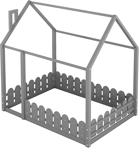 Miniatura 38 de Bellemave Cama de casa Queen con techo de madera, camas Montessori para niños, marco de cama de piso de madera para niñas, niños, adolescentes y Gris
