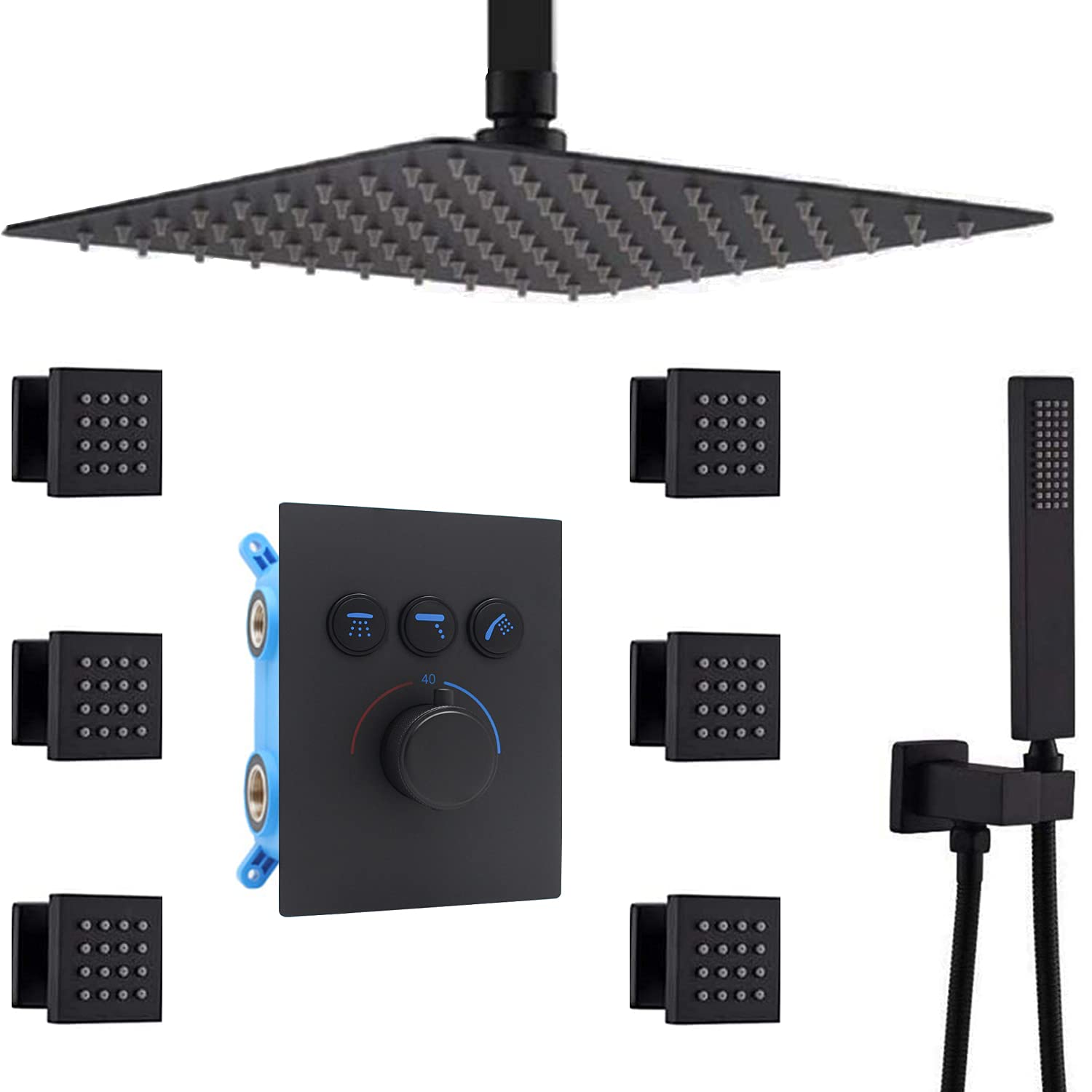 Enga16inch Rain Shower with Jets, Thermostatic Shower System with Body Sprays Metal Shower Faucet, All Showerheads Can Work Together At Once (16inch, Black)