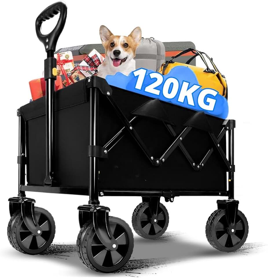 Carrinho Dobrável Multiuso Para Carga Vagão Articulado 360° Aço Reforçado Alça Ajustável Transporte Praia Camping Feira Preto