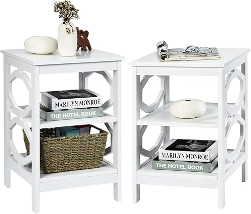 KOTEK Juego de 2 mesitas de noche de 3 niveles, mesa auxiliar de sofá de madera con estantes de almacenamiento, estructura estable, mesa auxiliar KOTEK Juego de 2 mesitas de noche de 3 niveles, mesa auxiliar de sofá de madera con estantes de almacenamiento, estructura estable, mesa auxiliar