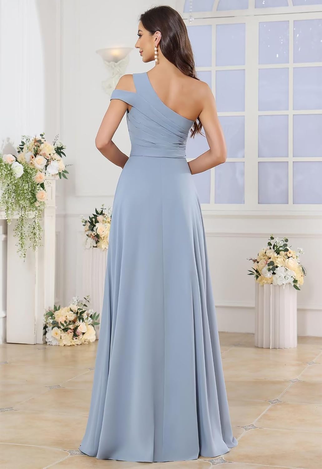 One Shoulder Bridesmaid Dresses Long for Wedding with Slit Ruffles Pleated Chiffon Formal Evening Gowns - Image 5