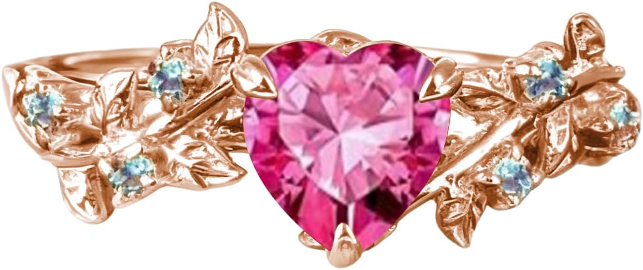 Heart Cut Gemstone Engagement Ring for Women, 925 Silver/10K/14K/18K Gold Birthstone Bridal Promise Rings Art Deco Nature Inspired Leaf Ring Christmas Anniversary Jewelry Gifts