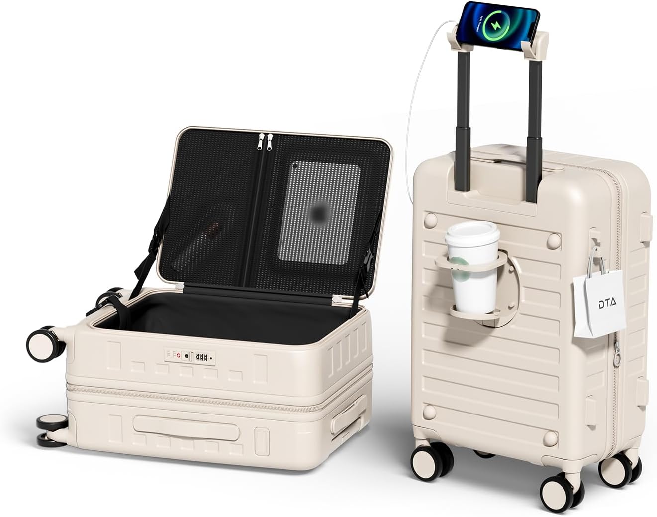 Top Opening Expandable Lightweight PC Hard Shell Suitcase, 20 Inch Carry On Luggage with TSA Lock, 360 Silent Spinner Wheels, Cup Holder, Ideal for Business Travel Suitcase (Beige) Beige Carry-on 20-Inch