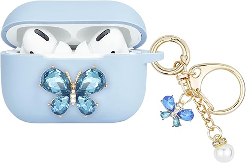 Wonhibo Funda para Airpods Pro, bonita funda de diseño de mariposa para Airpod Pro 2019 con llavero para mujeres y niñas (azul)