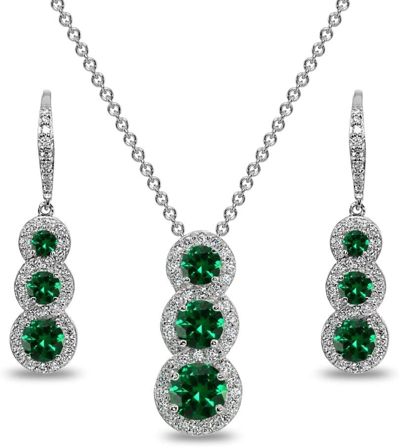 Sterling Silver Genuine or Synthetic Gemstone Journey Halo 3-Stone Necklace & Earrings Set for Women
