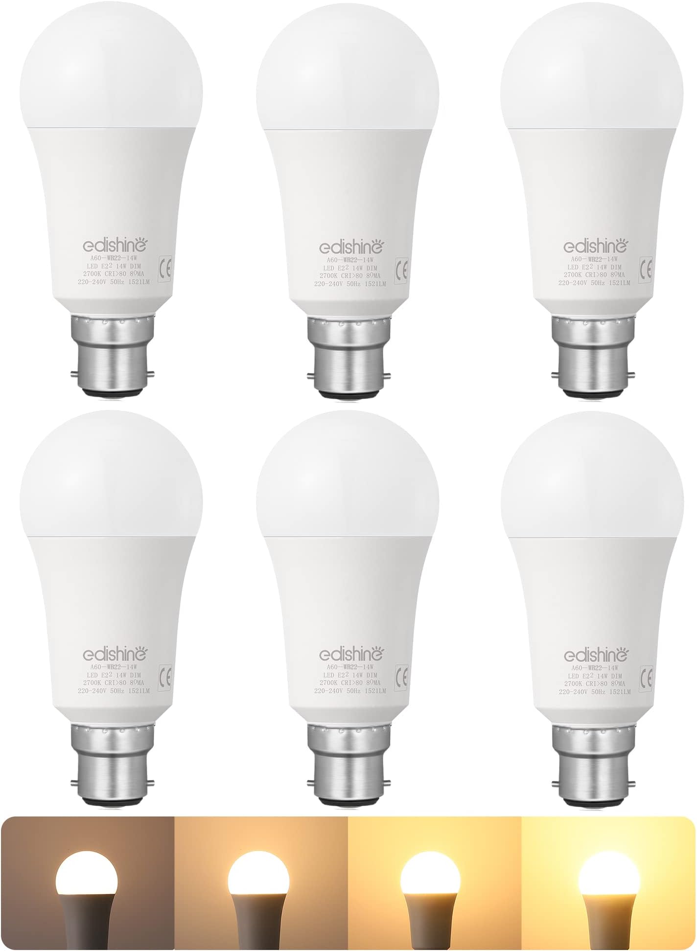 EDISHINE 6 Pack Dimmable Bayonet Light Bulb, Warm White 2700K, 14W LED Bulb, BC GLS A60 Energy Saving Light Bulb, B22 Bulb for Table lamp, Chandelier, Pendant Light