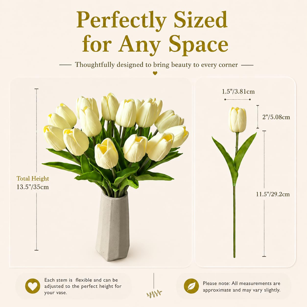 Mandy's 20 szt. kremowe sztuczne jedwabne kwiaty tulipanów 34 cm luzem dekoracje ślubne do domu kuchni