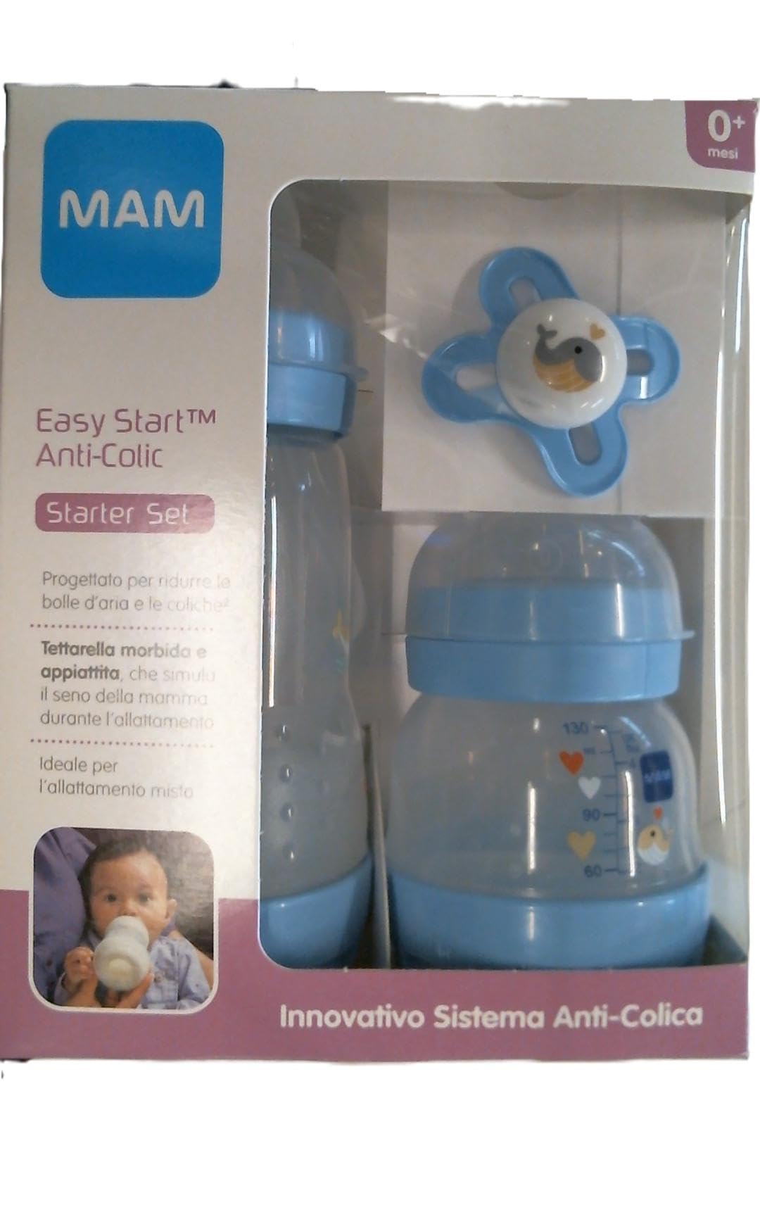 MAM Starter Set of 2 Easy Start Anti-Colic Baby Bottles, 130 ml and 260 ml with SkinSoftTM Silicone Teat, with Start Nano Pacifier, 0+ Months, Light Blue