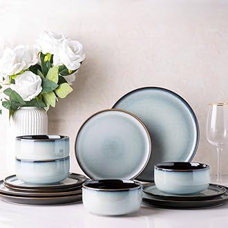 LeRATIO Ceramic Dinnerware Set of 4, Poreclain Plates, Bowls, Handmade Reactive Glaze Dishes, Chip Resistant, Oven & Dishwasher Safe, Service for 4-Gray White