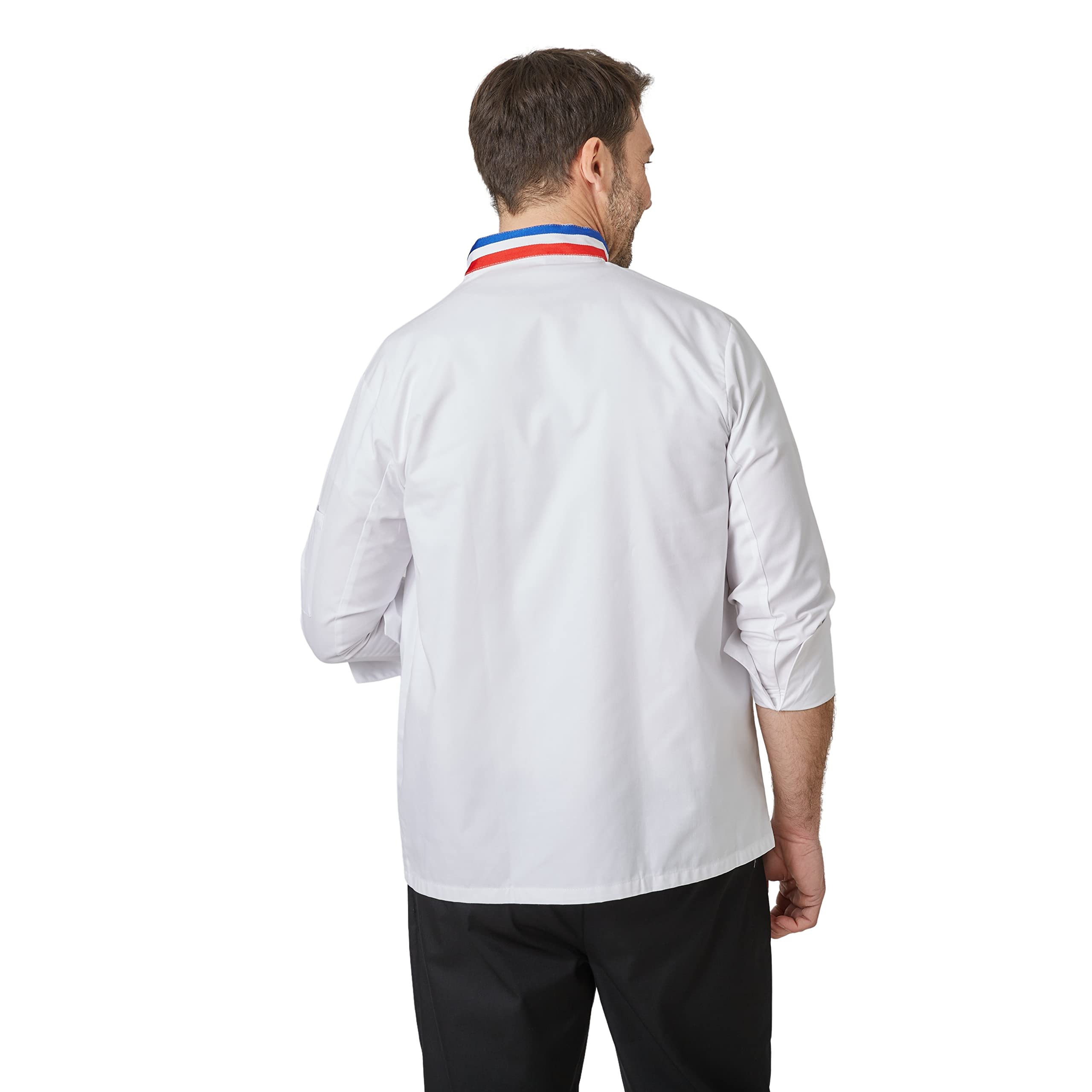 Veste de Cuisine Col Bleu Blanc Rouge Manches Longues Sergé 210 gramme Couleurs Blanc Pressions inoxydables Lavage Machine 90 degrés ou Industriel