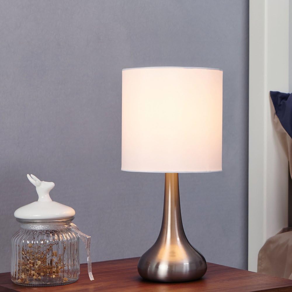 Popity home 13.38 Inches Modern Design Small Metal Brushed Nickel White Fabric Shade Table Lamps,Table Lamp for Living Room Bedroom
