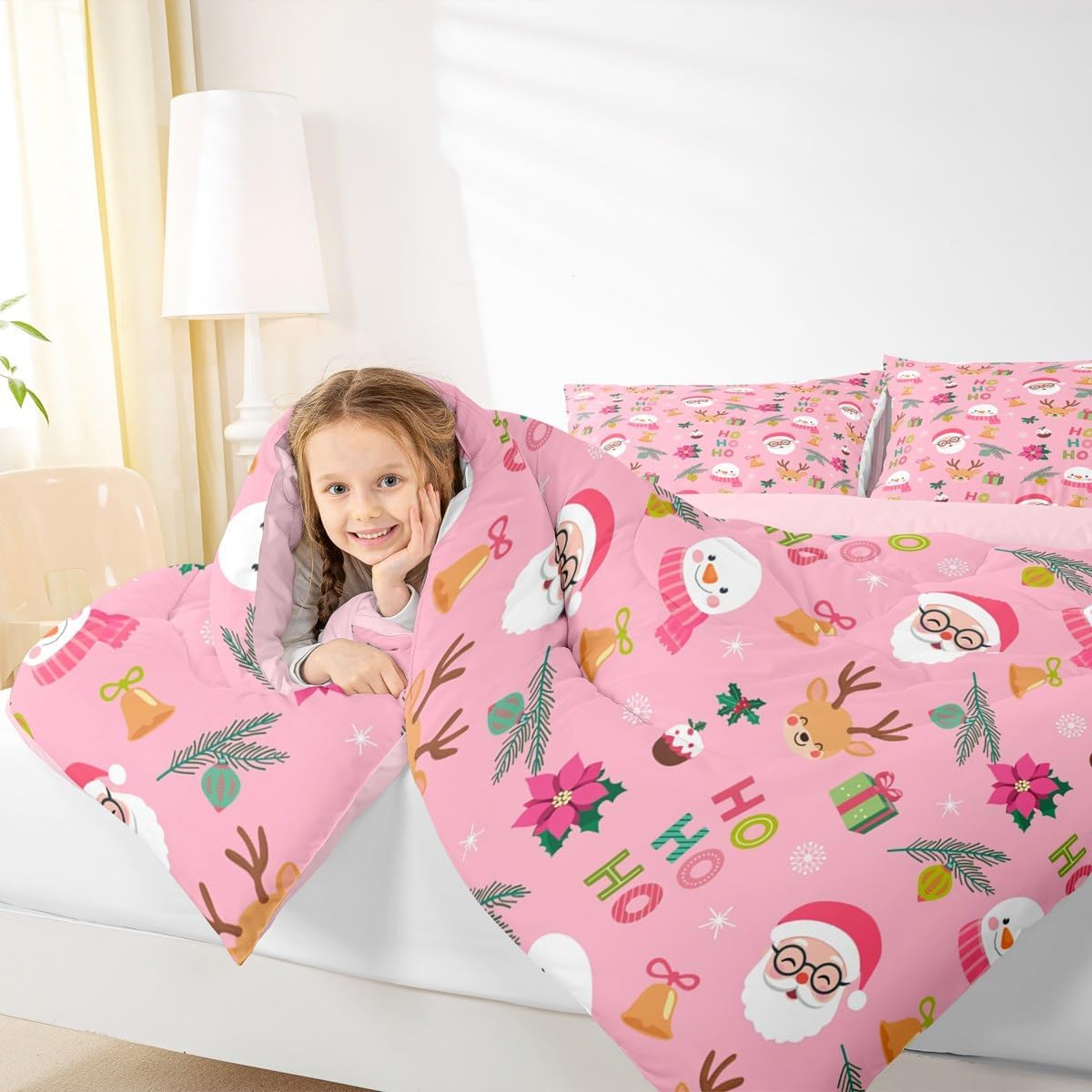 Feelyou Santa Claus Comforter Set Twin Size Xmas Bedding Set for Kids Boys Girls Christmas Decor Duvet Quilt Happy New Year Bedroom Decor Microfiber 2 Pcs with 1 Pillow Cases