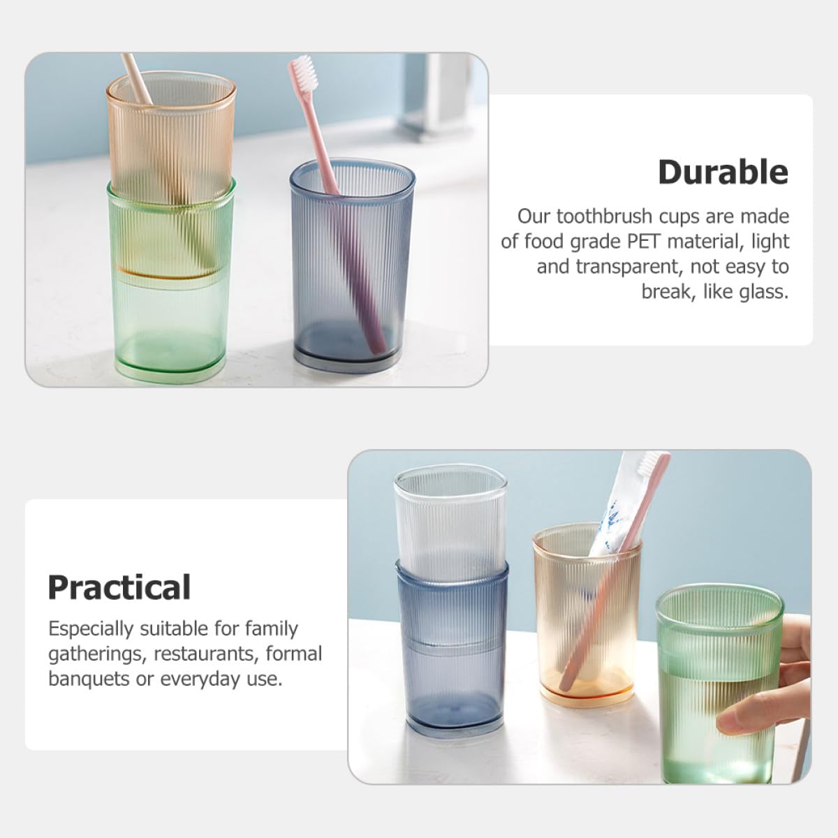 3 Piezas Vasos para Cepillos de Dientes y Enjuague Bucal de 500ml, Diseño Simple Acabado Mate, Material Pet Resistente y Apilable para Uso Hogar