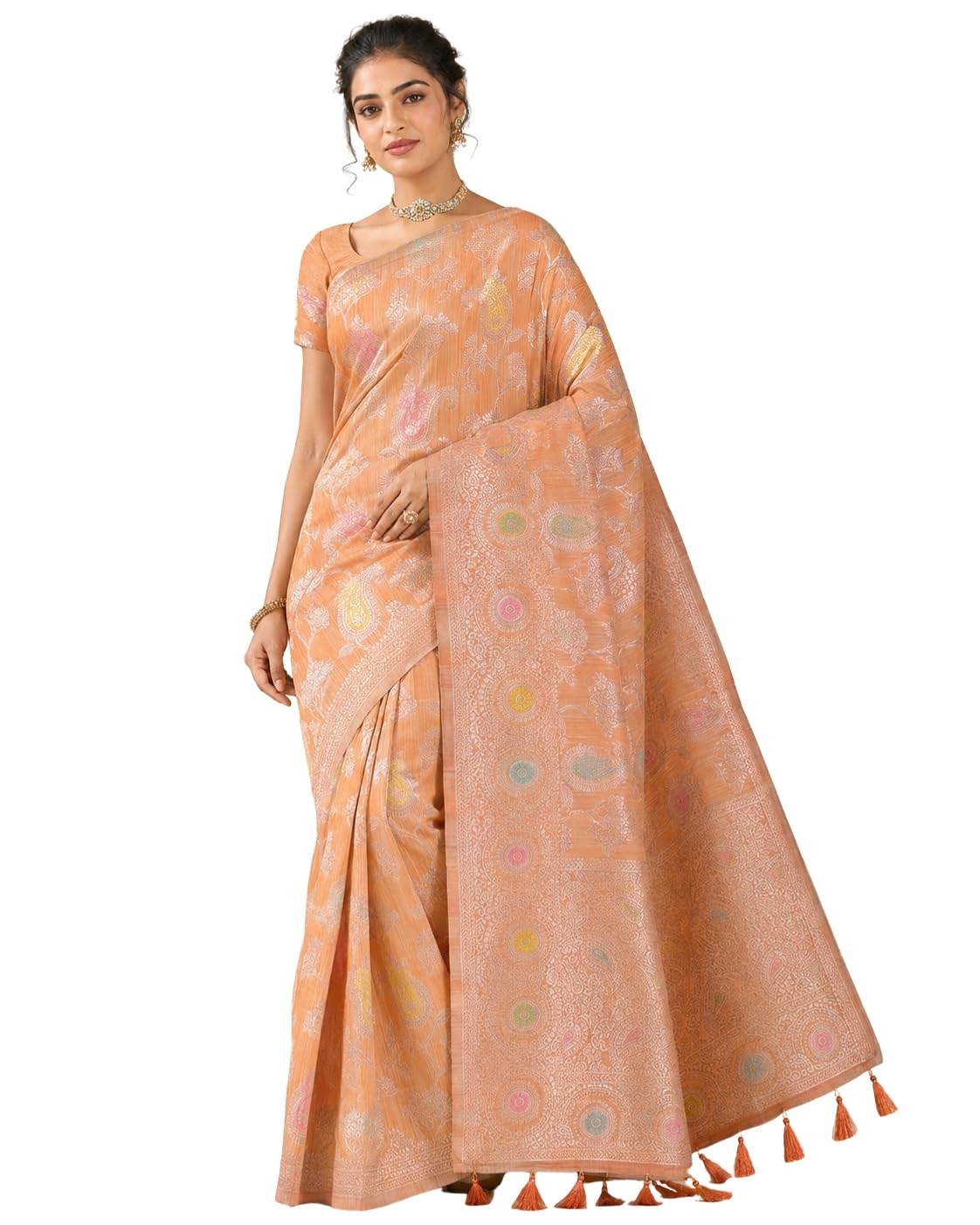 Krisha Tussar Cotton Silk Saree for Women | Floral Ethnic Motifs with Woven Border & Designed Tassel Pallu | 5.5 Meter Saree, 0.91 Meter Unstitched Blouse Piece | Festive Ethnic for Girls-picture-31